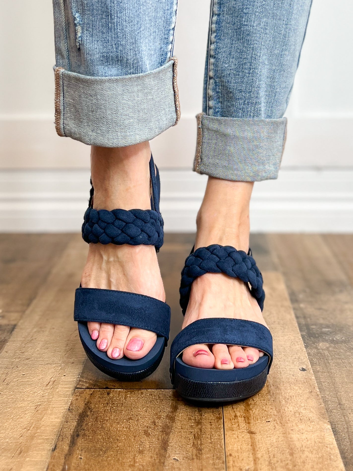 Corkys Pleasant Wedge Sandals in Navy Suede