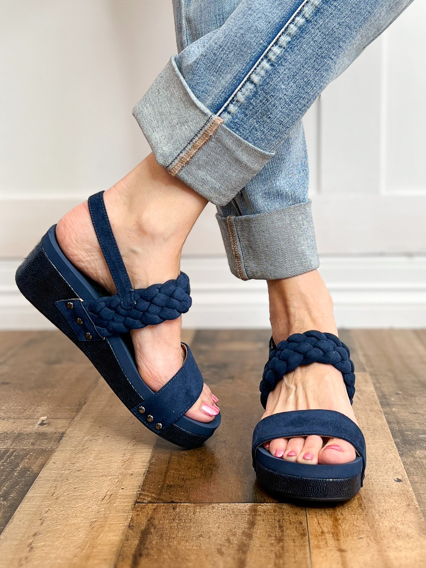 Corkys Pleasant Wedge Sandals in Navy Suede