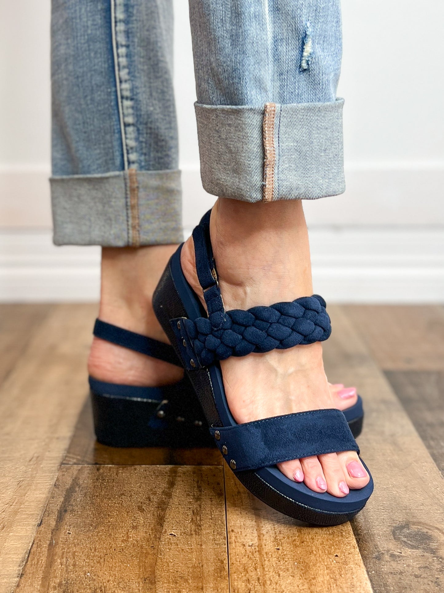 Corkys Pleasant Wedge Sandals in Navy Suede