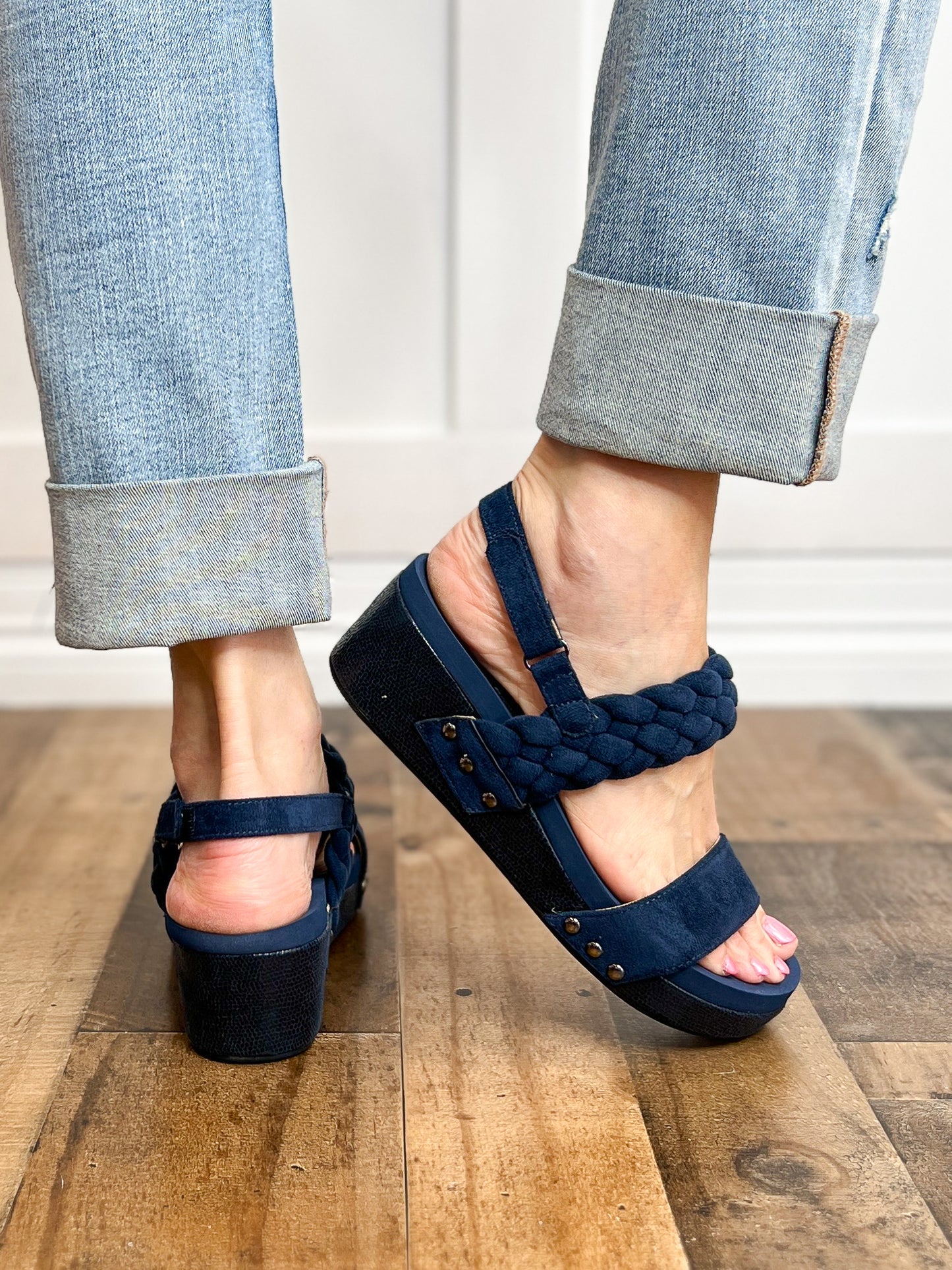 Corkys Pleasant Wedge Sandals in Navy Suede