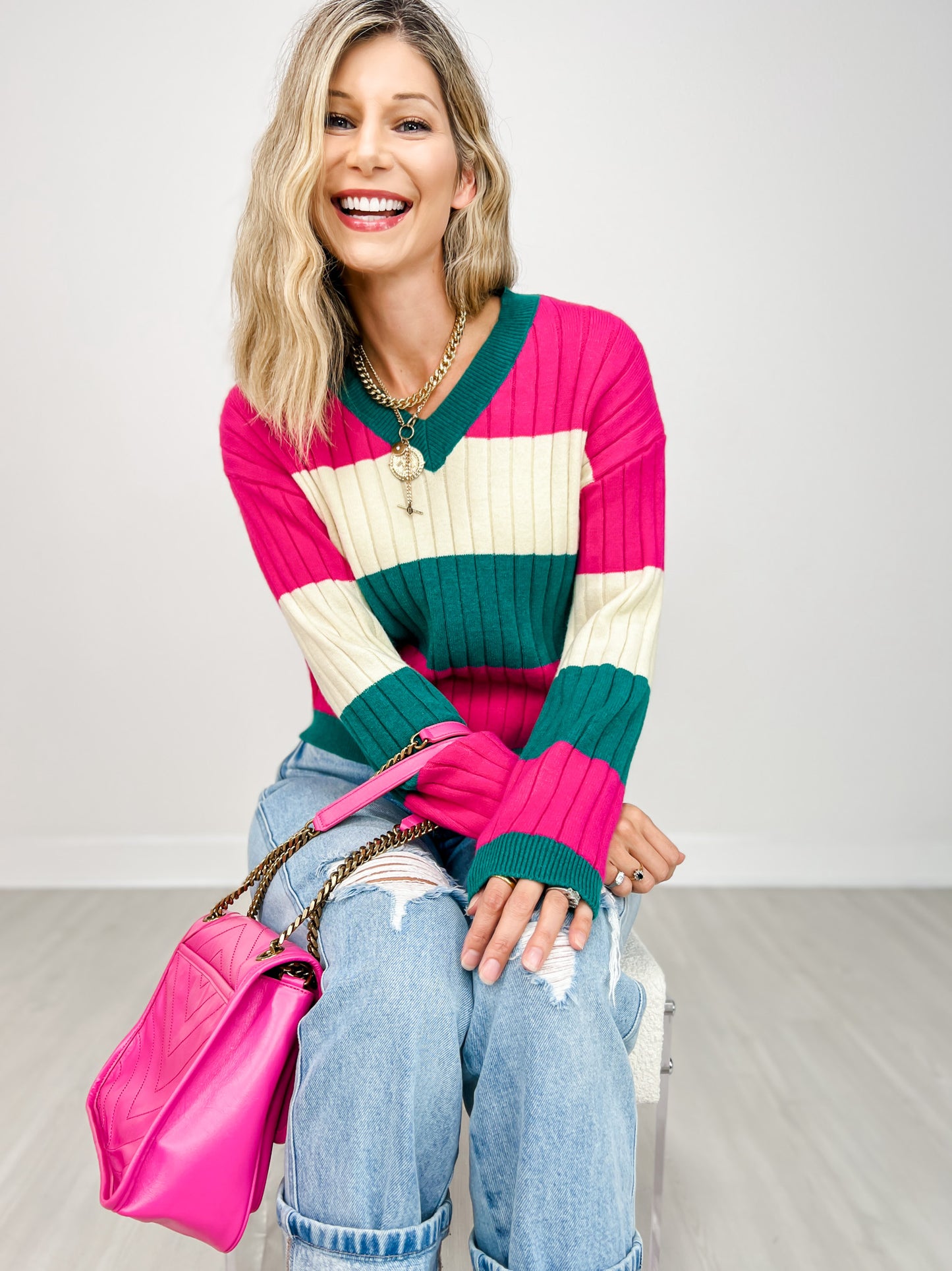 Color Block V-Neck Knit Sweater Top