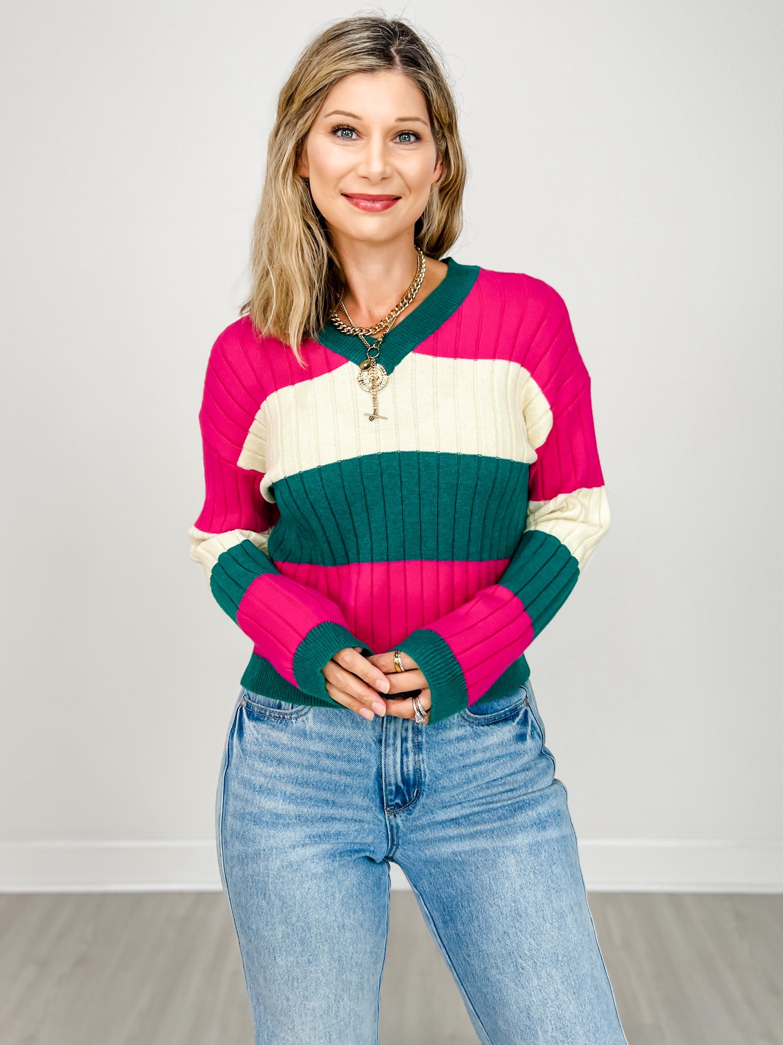 Color Block V-Neck Knit Sweater Top