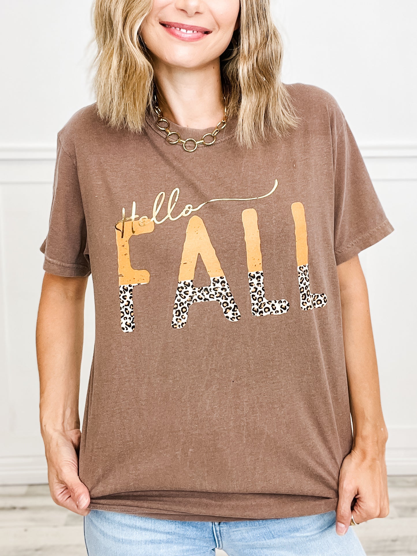 Hello Fall Gold Foil Graphic Top