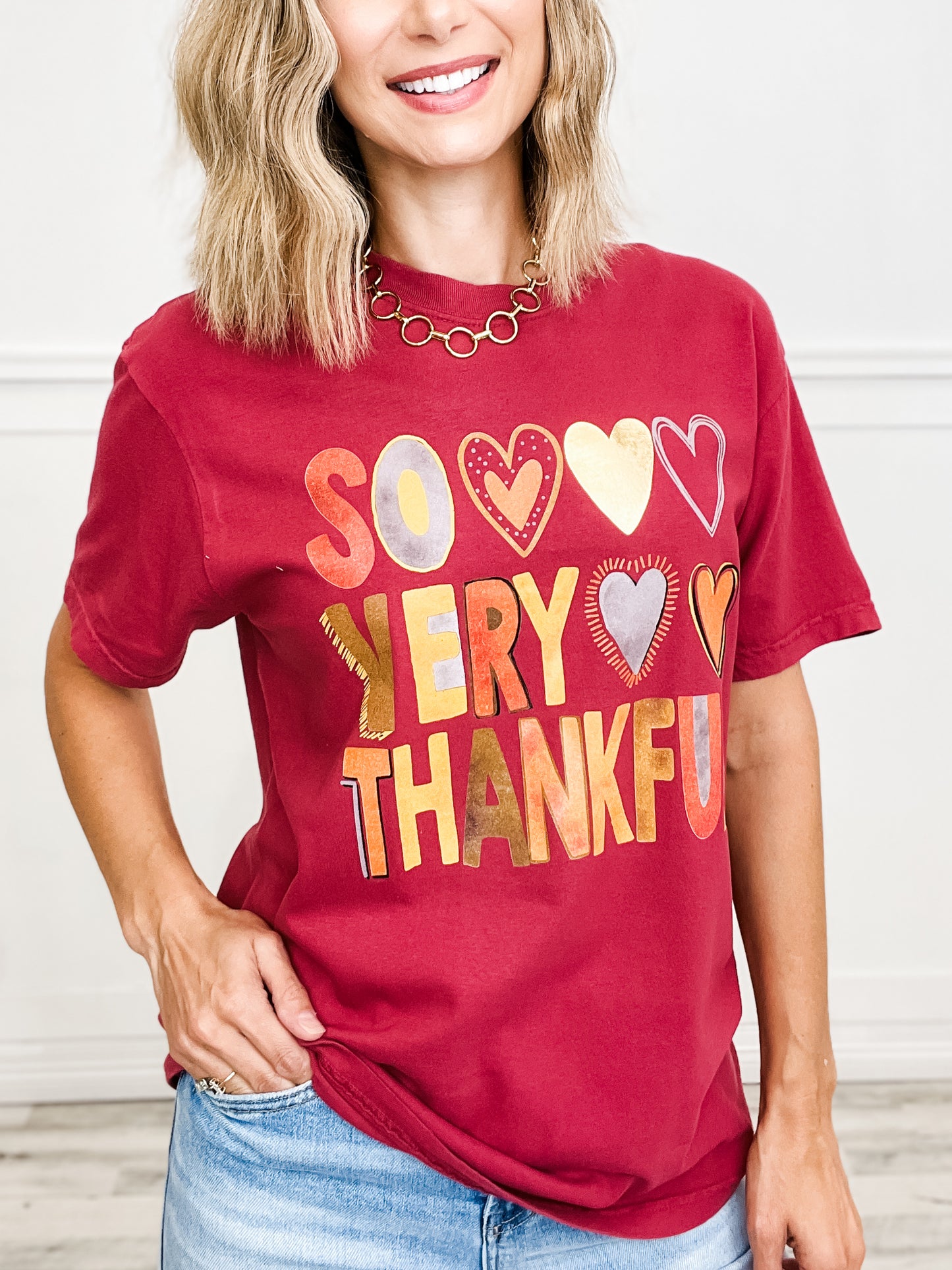 So Very Thankful Gold Foil Graphic Top