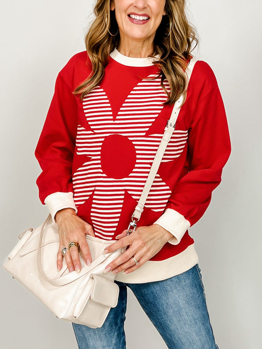 Striped Floral Patched Long Sleeve Top