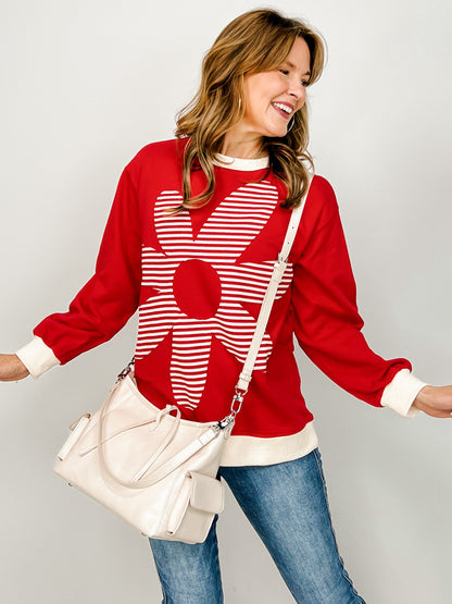 Striped Floral Patched Long Sleeve Top