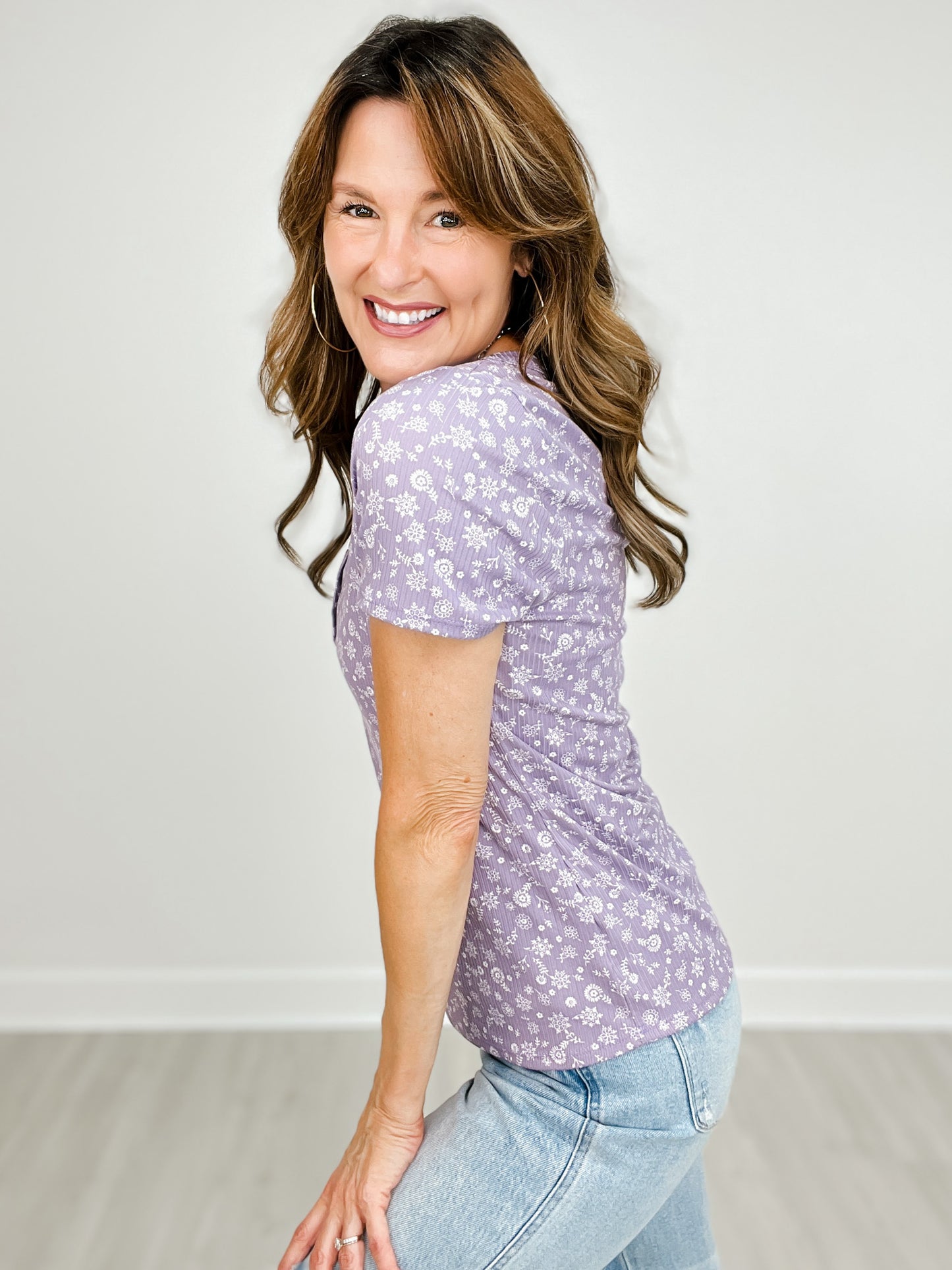 Short Sleeve Floral Rib 5 Button Top