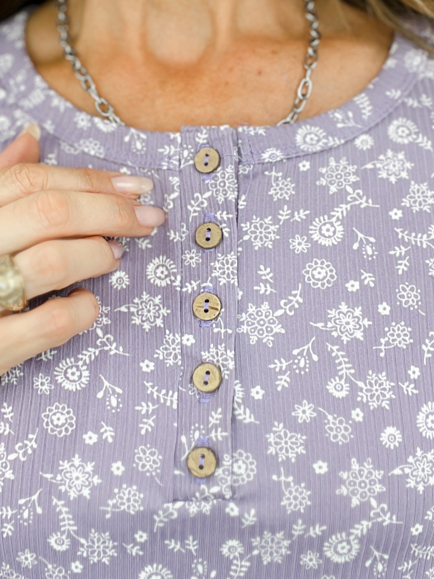 Short Sleeve Floral Rib 5 Button Top