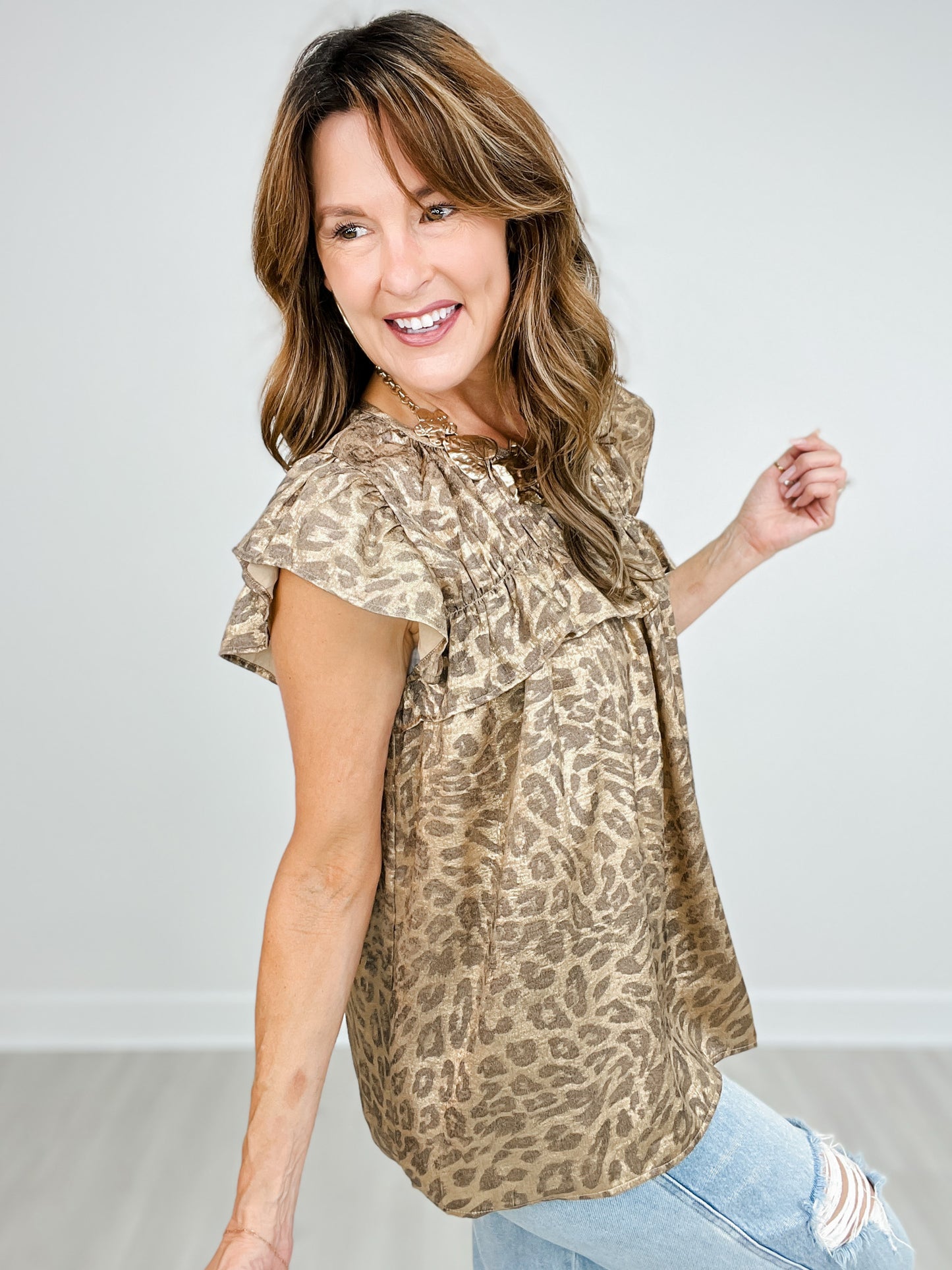 Gold Foil Leopard Print Sleeveless Ruffled Top