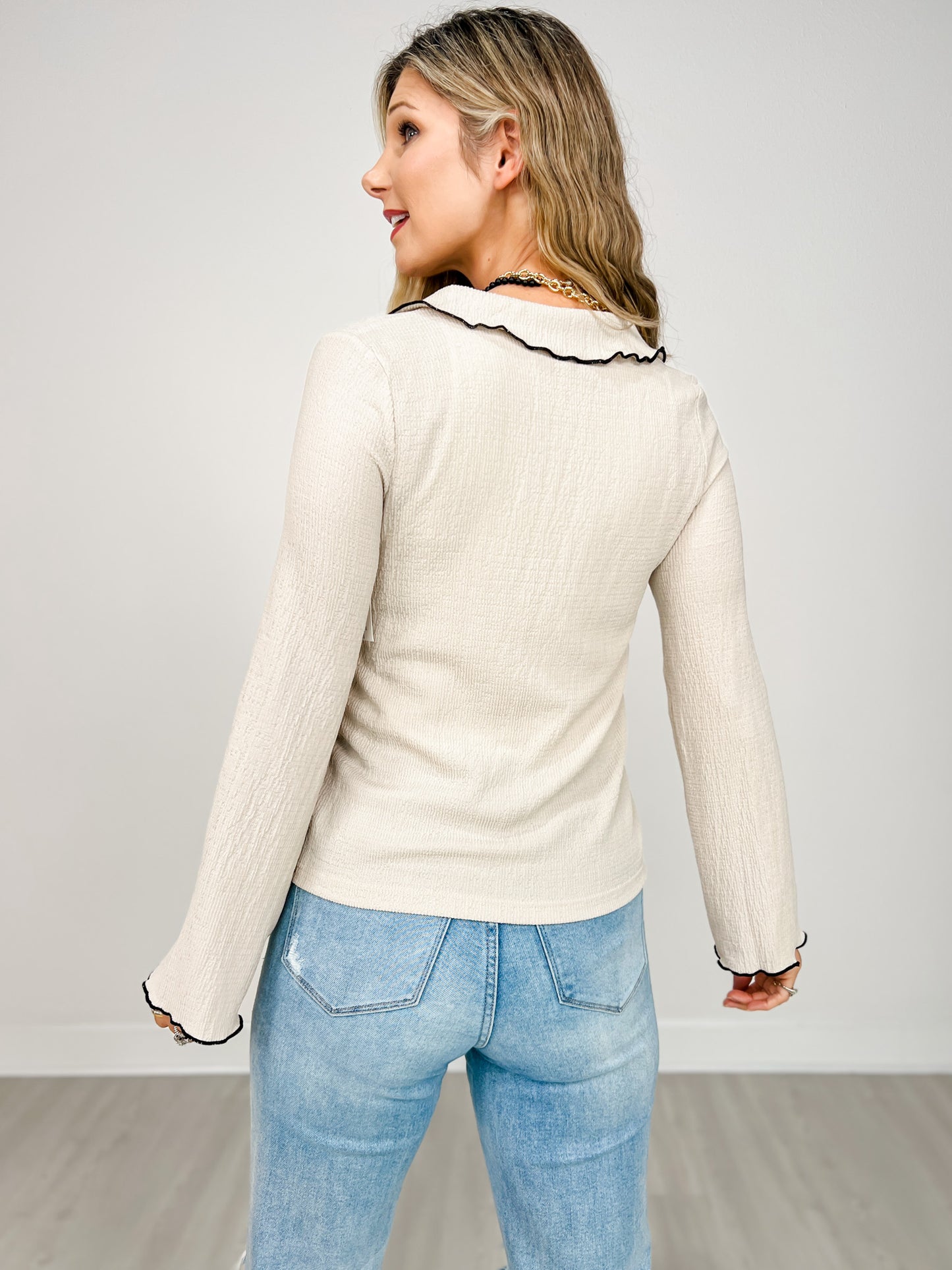 Long Sleeve Solid Knit Top with Button Down Front