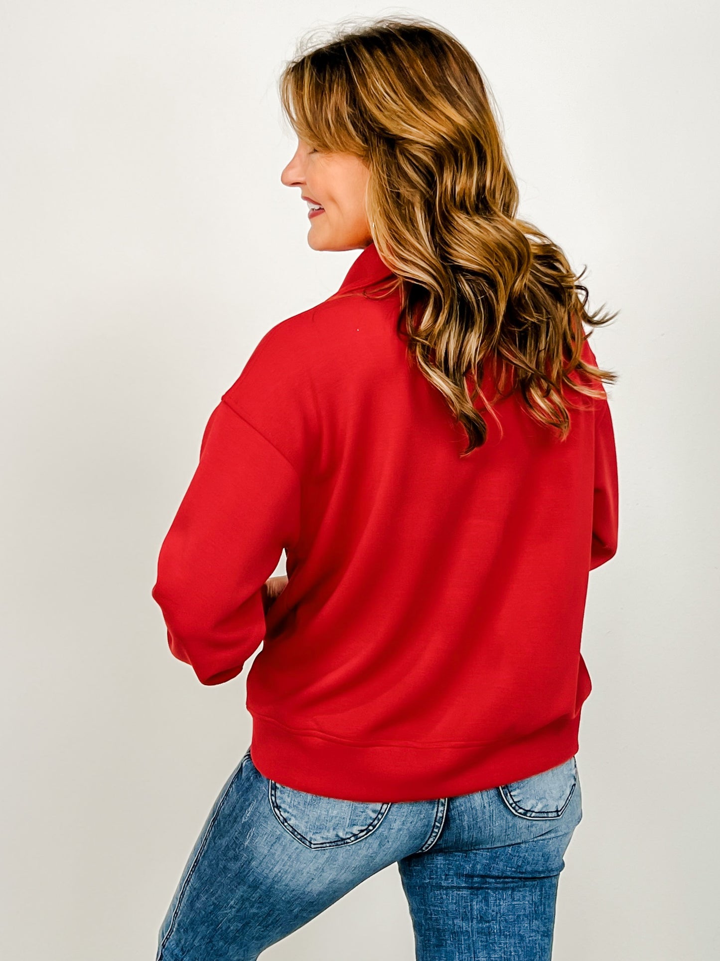Long Sleeve Poly Span Quarter Zip Funnel Neck Top