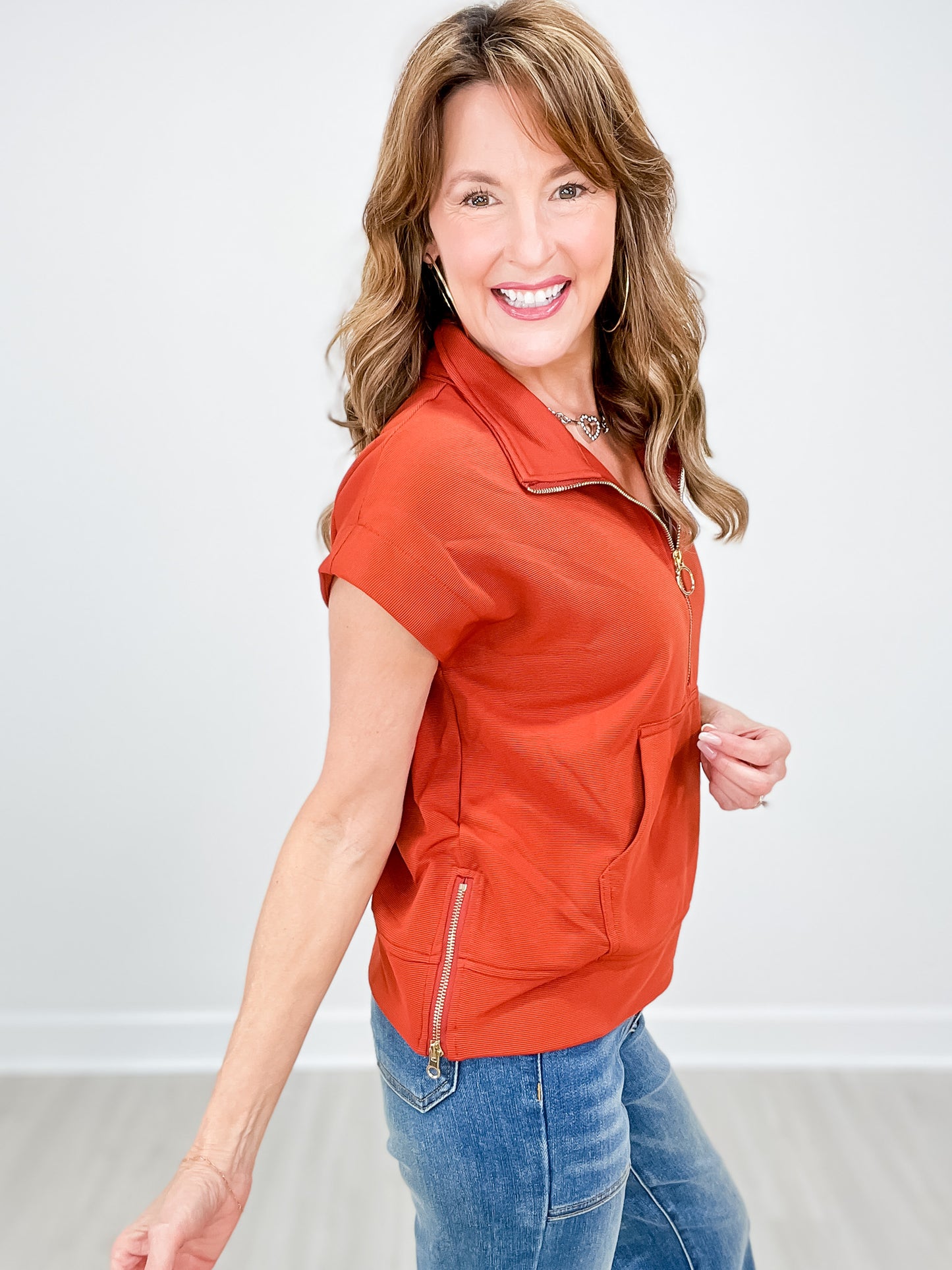 Solid Ribbed Texture Short Sleeve Half Zip Top with Kangaroo Pocket