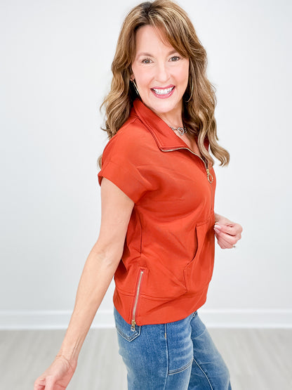 Solid Ribbed Texture Short Sleeve Half Zip Top with Kangaroo Pocket