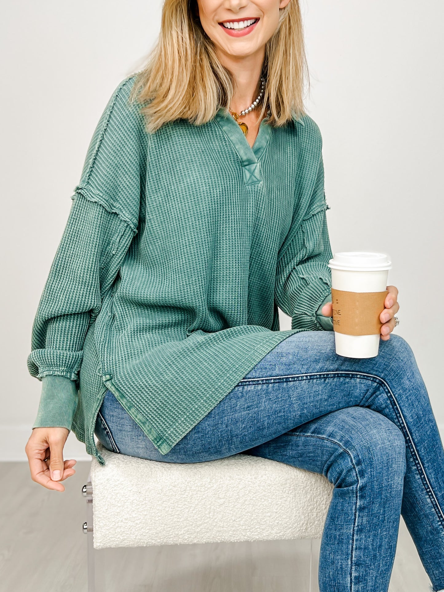 Waffle Ribbed Polo Tunic Top