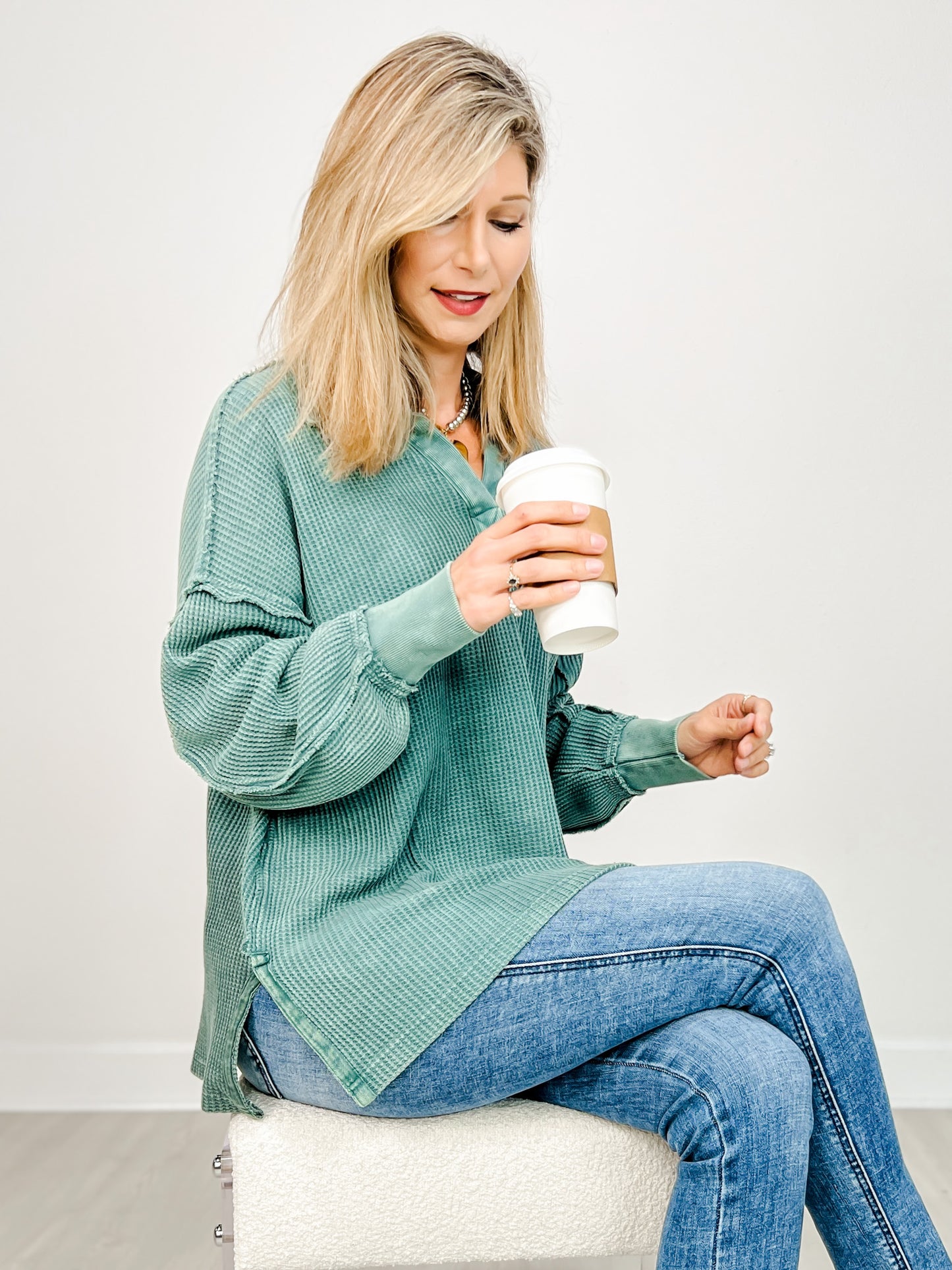 Waffle Ribbed Polo Tunic Top