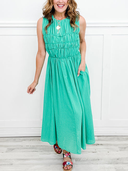 Take Me To The Show Ruched Solid Checker Hi-Lo Midi Dress
