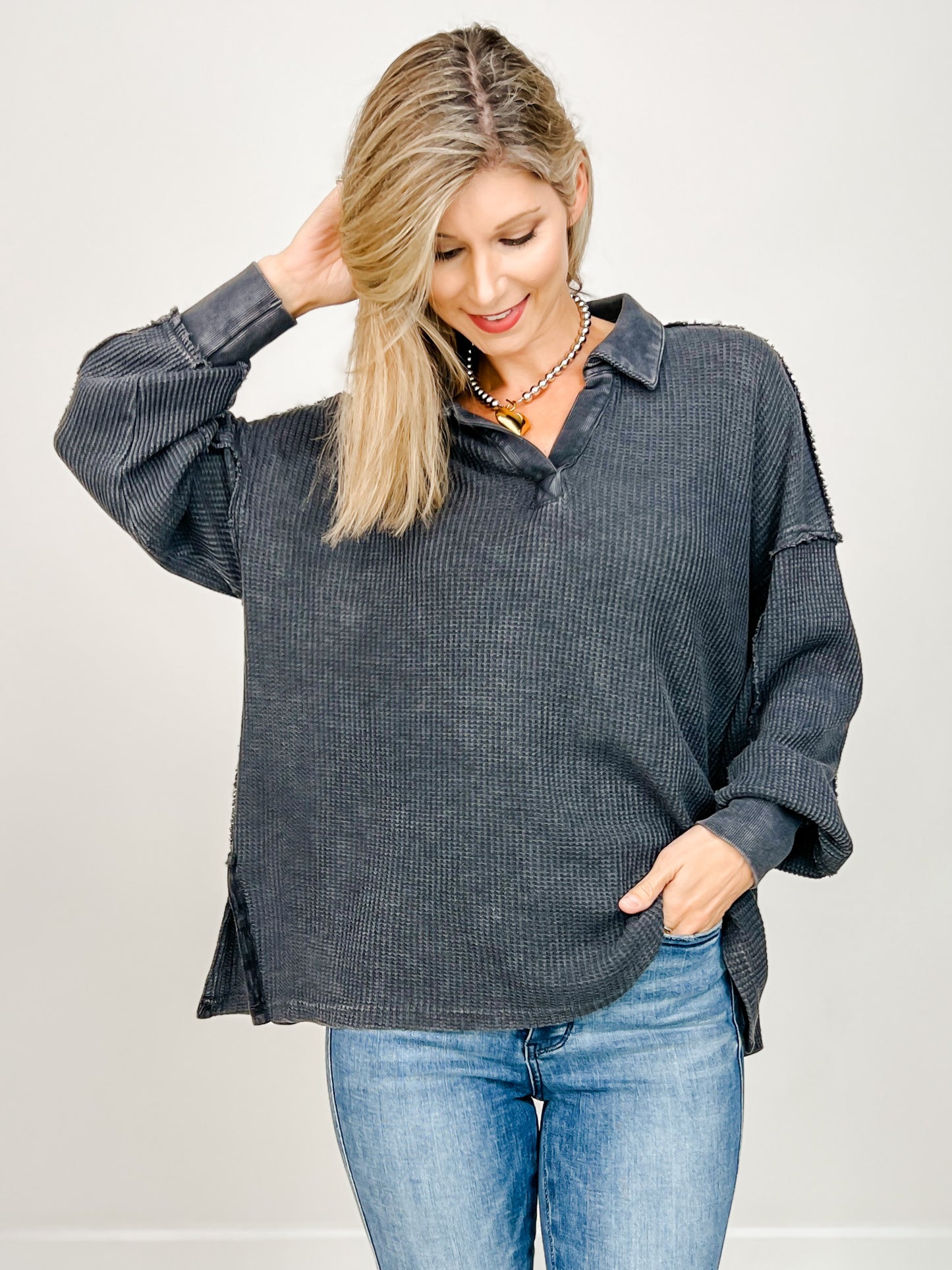 Waffle Ribbed Polo Tunic Top