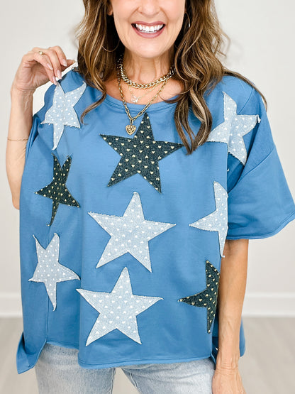 Heart Pattern Star Patch Short Sleeve French Terry Top