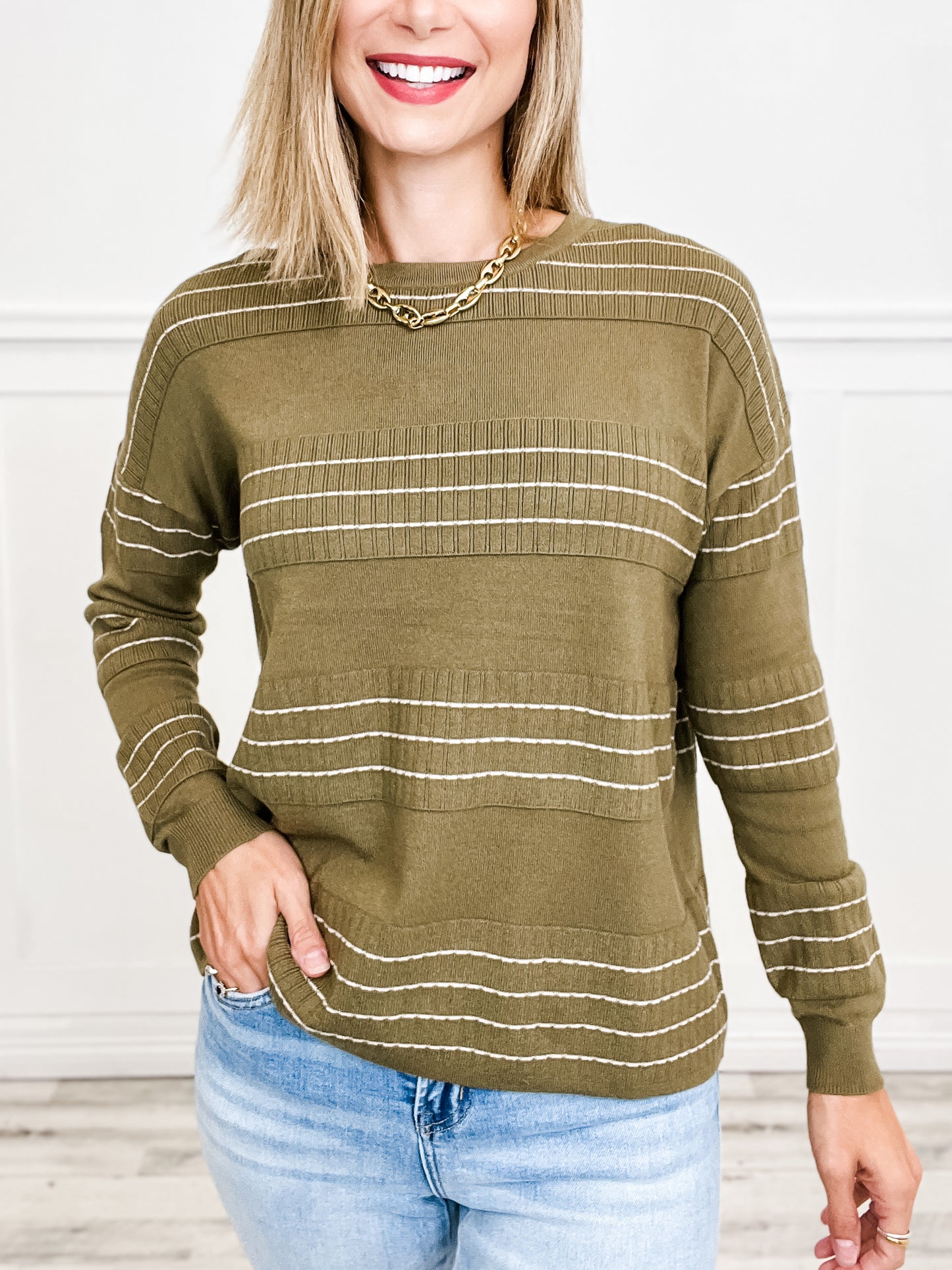 Stitch Striped Crewneck Pullover Sweater in Olive