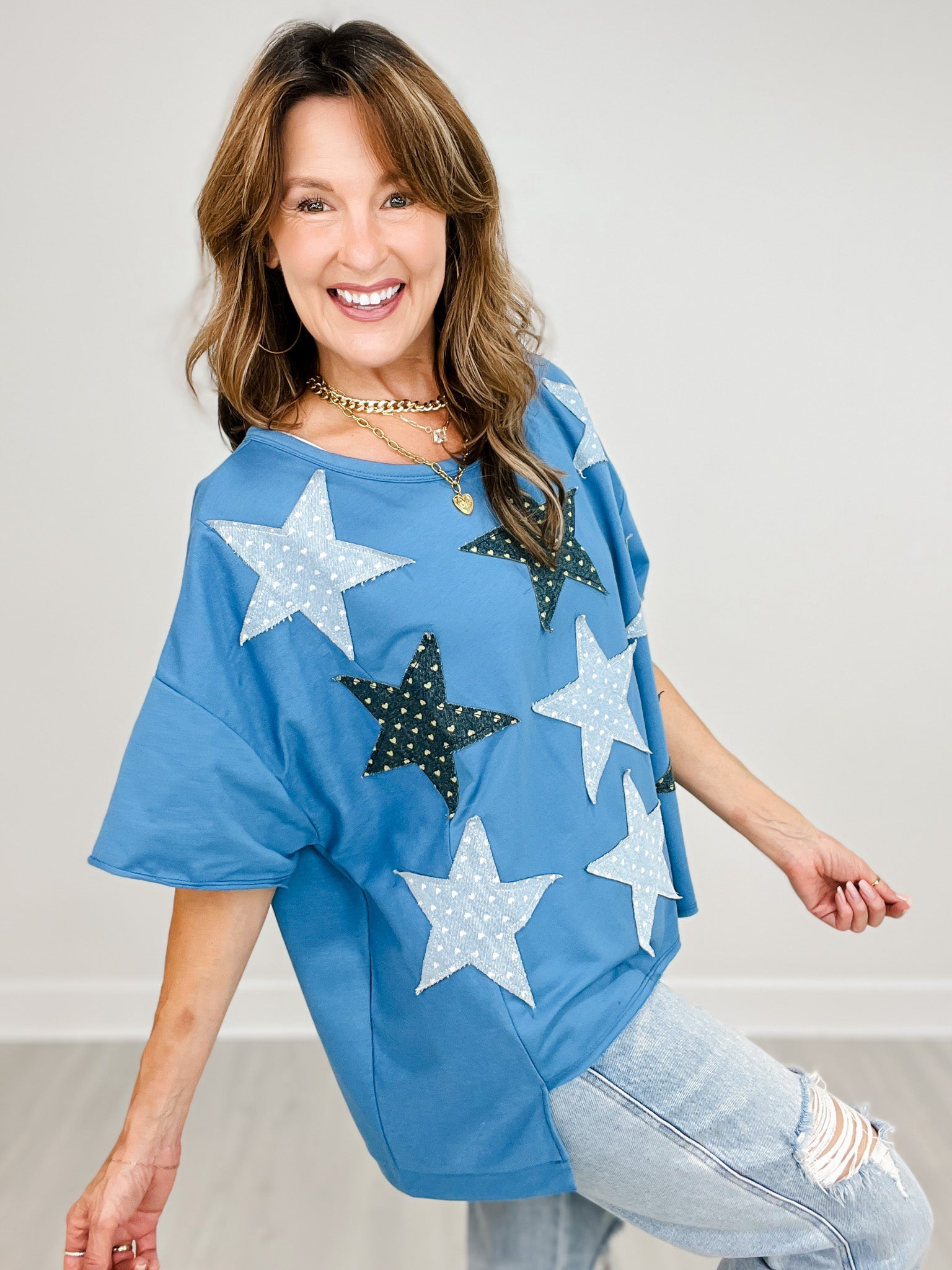 Heart Pattern Star Patch Short Sleeve French Terry Top