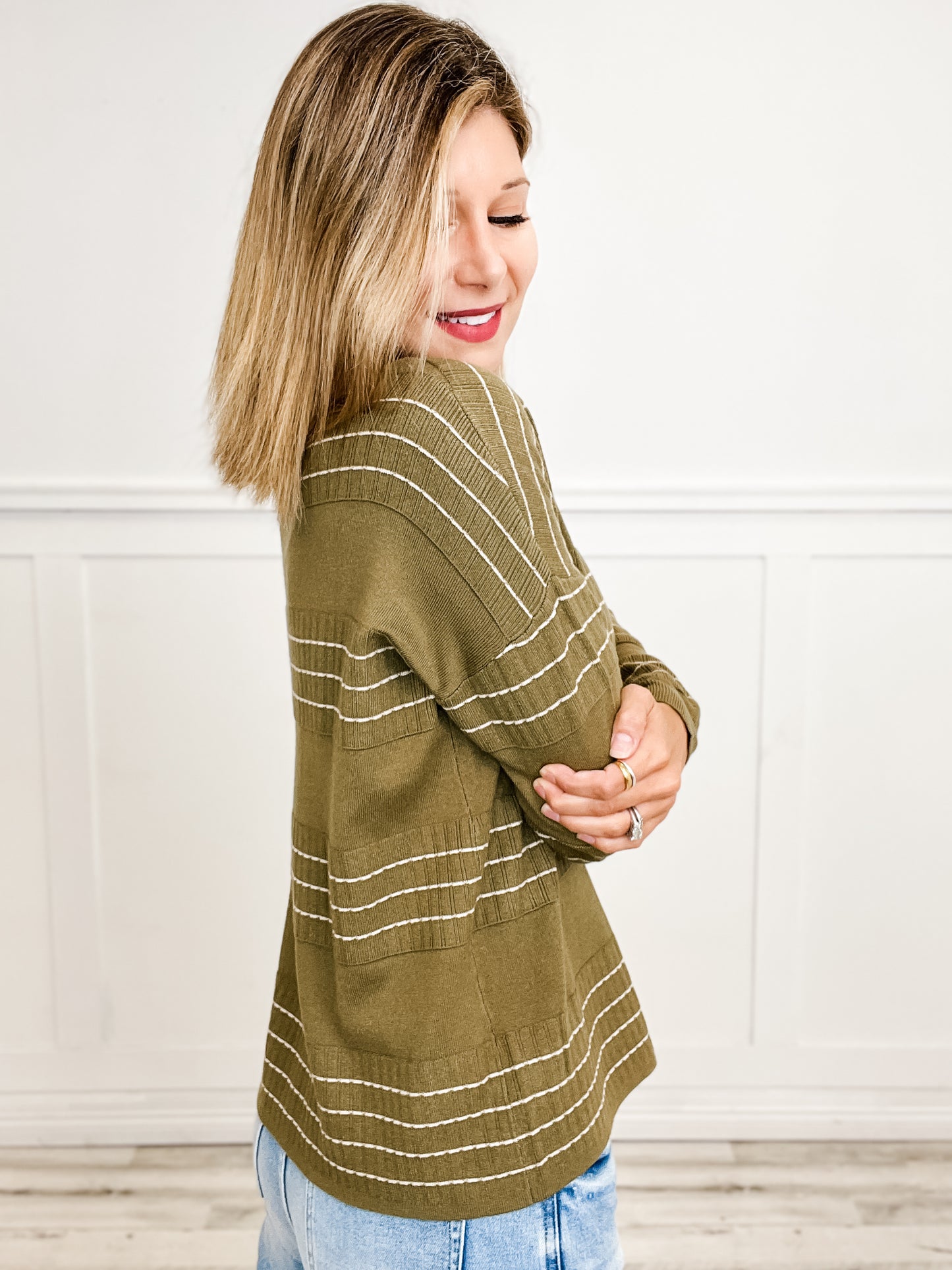 Stitch Striped Crewneck Pullover Sweater in Olive