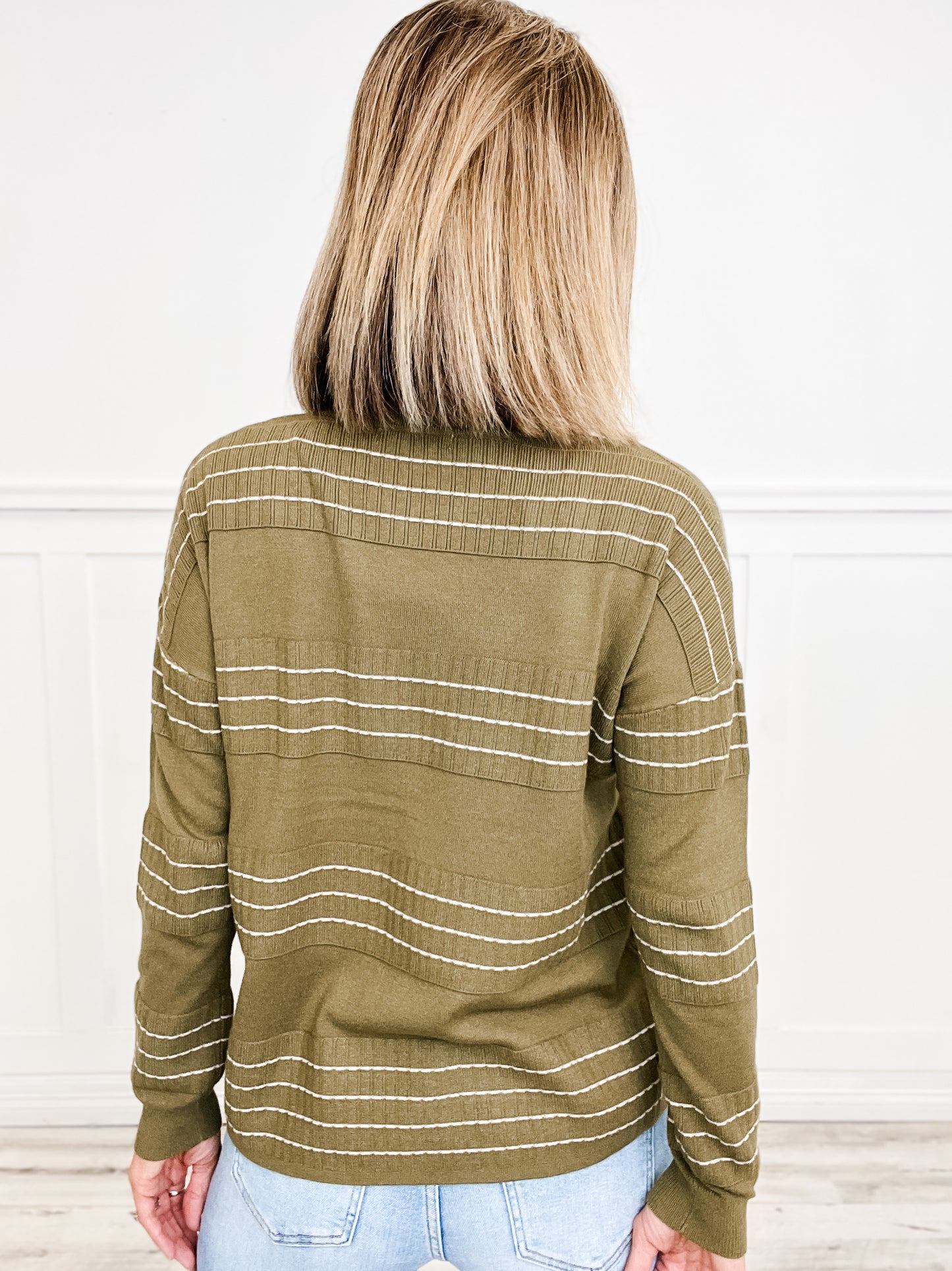 Stitch Striped Crewneck Pullover Sweater in Olive