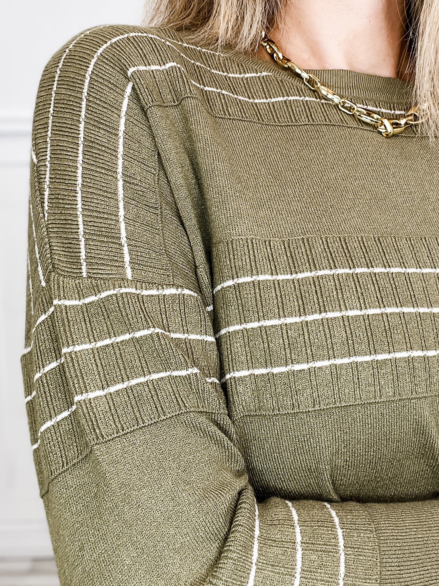 Stitch Striped Crewneck Pullover Sweater in Olive