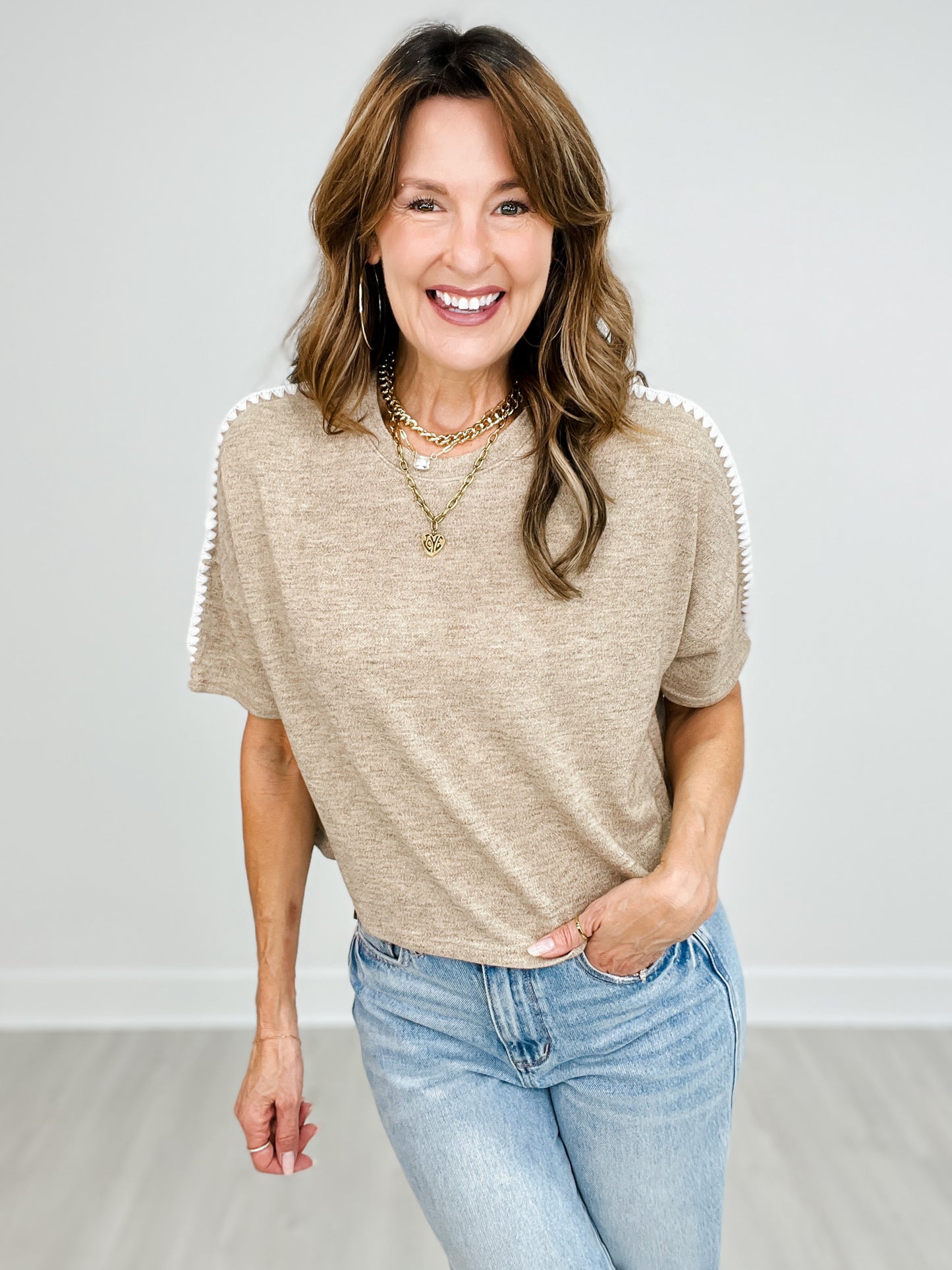 Contrast Stitch Detail Drop Shoulder Top