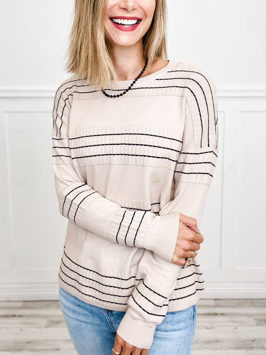 Stitch Striped Crewneck Pullover Sweater in Oatmeal