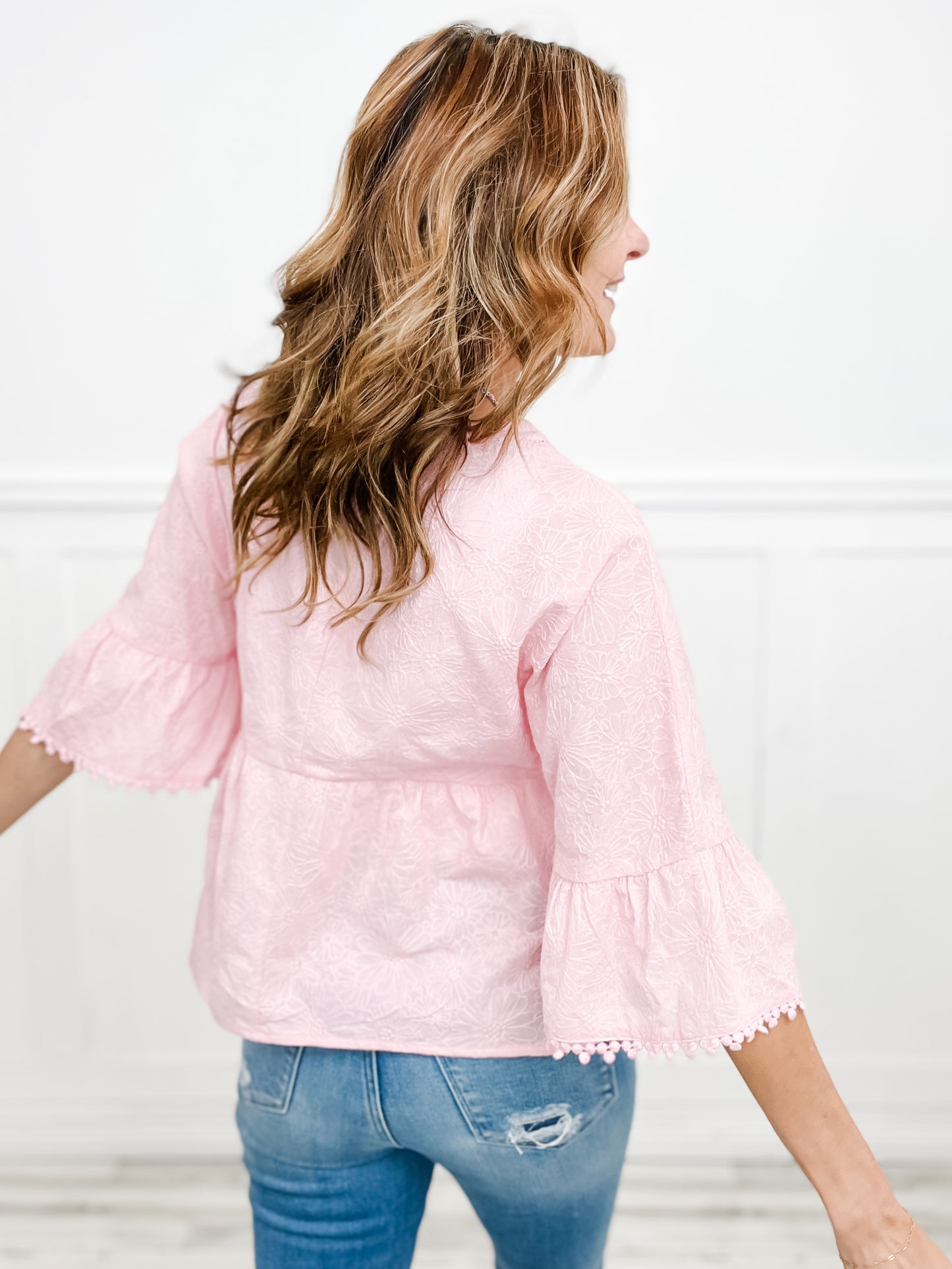 Fade Into You V-Neck Oversized Embroidery Woven Top