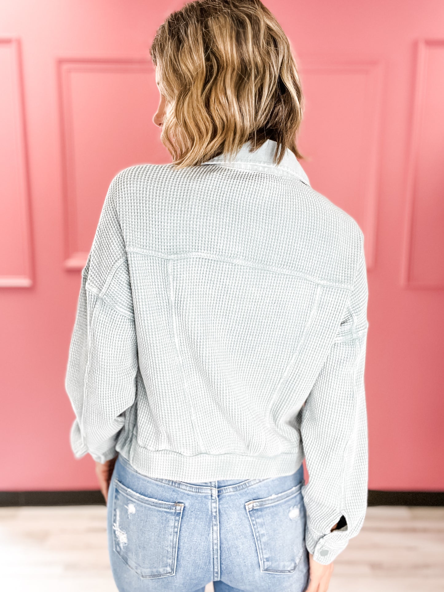 Waffle Knit Mineral-Washed Cropped Jacket