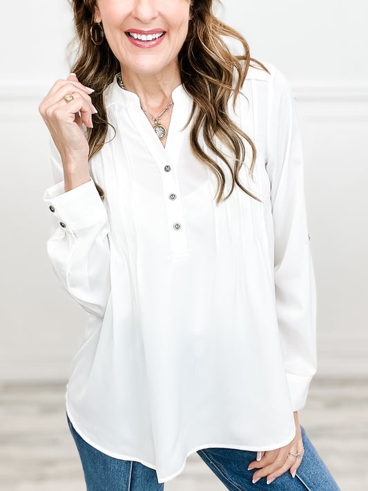 Breathless Woven Long Sleeve Top with Front Tuck Detail