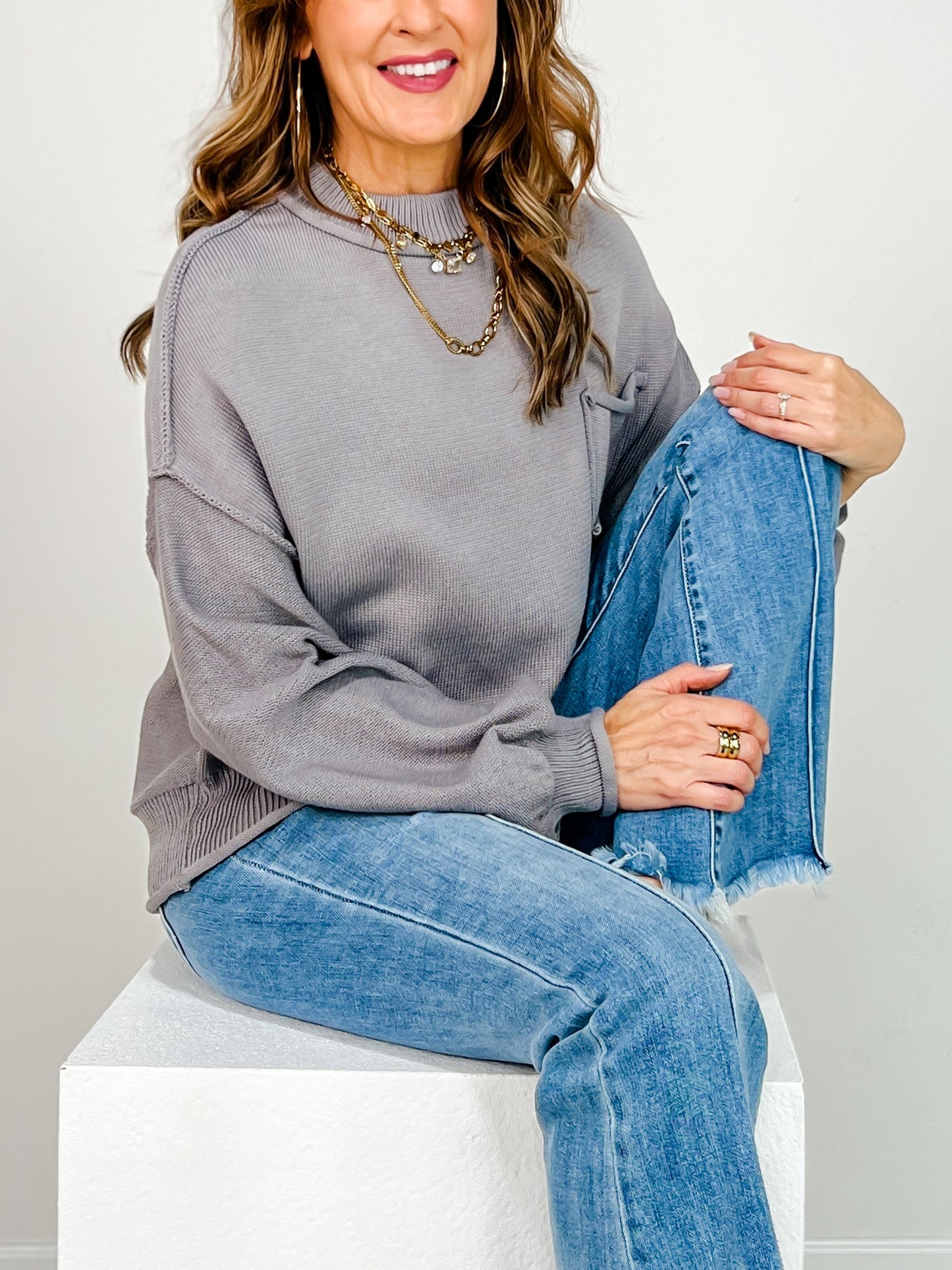 Balloon Sleeve Hacci Pullover Sweater