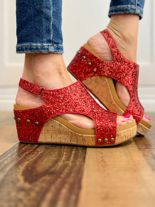 Corkys Carley Wedge Shoes in Red Glitter