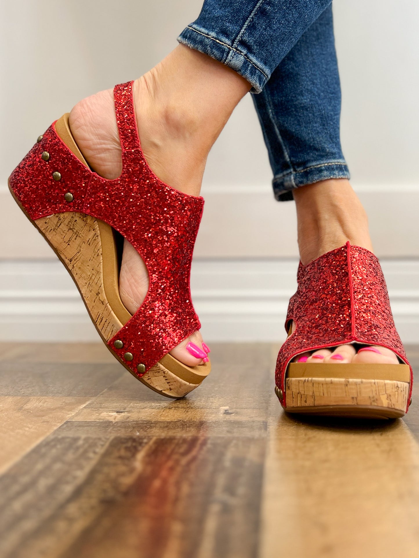 Corkys Carley Wedge Shoes in Red Glitter