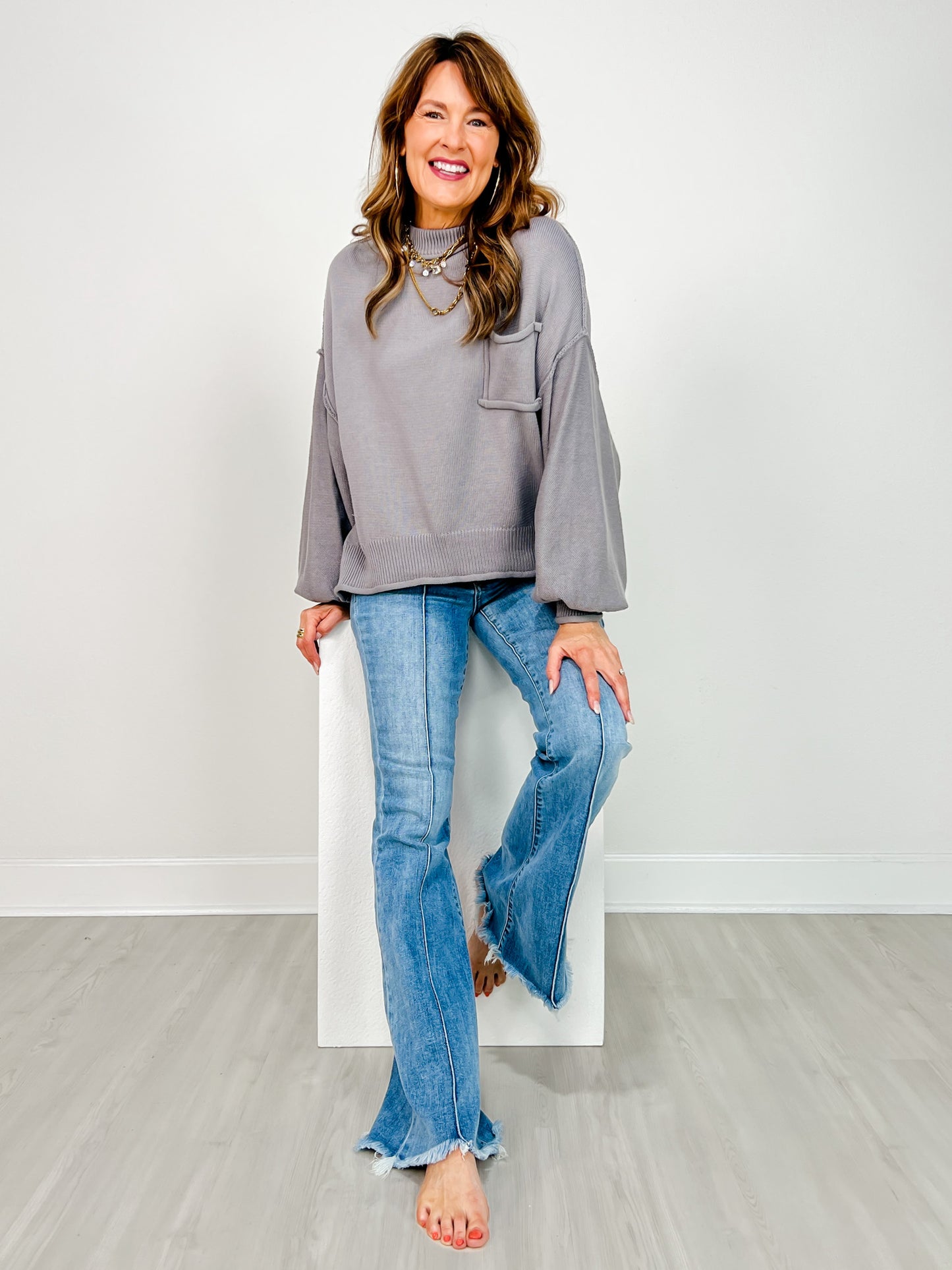 Balloon Sleeve Hacci Pullover Sweater