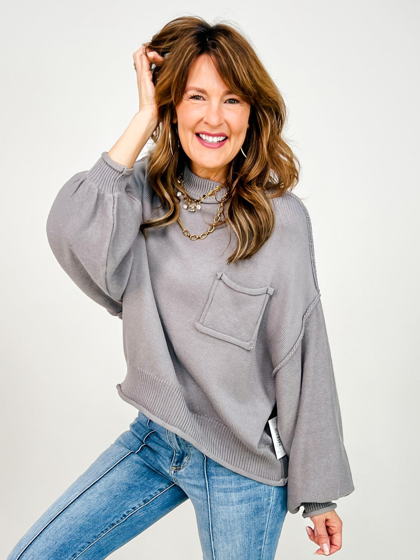 Balloon Sleeve Hacci Pullover Sweater