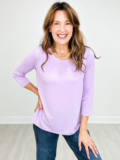 Classic Round Neck Poly Blend 3/4" Sleeve Top in Lilac