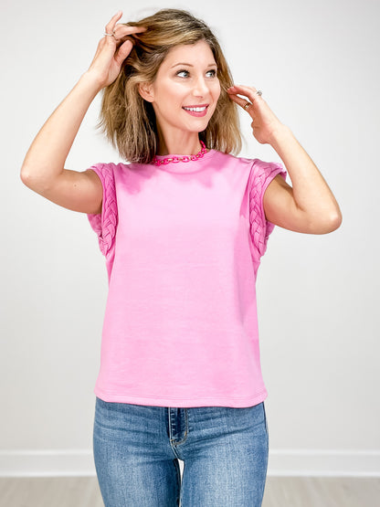 Round Neck Top with Braided Detail Cap Sleeves