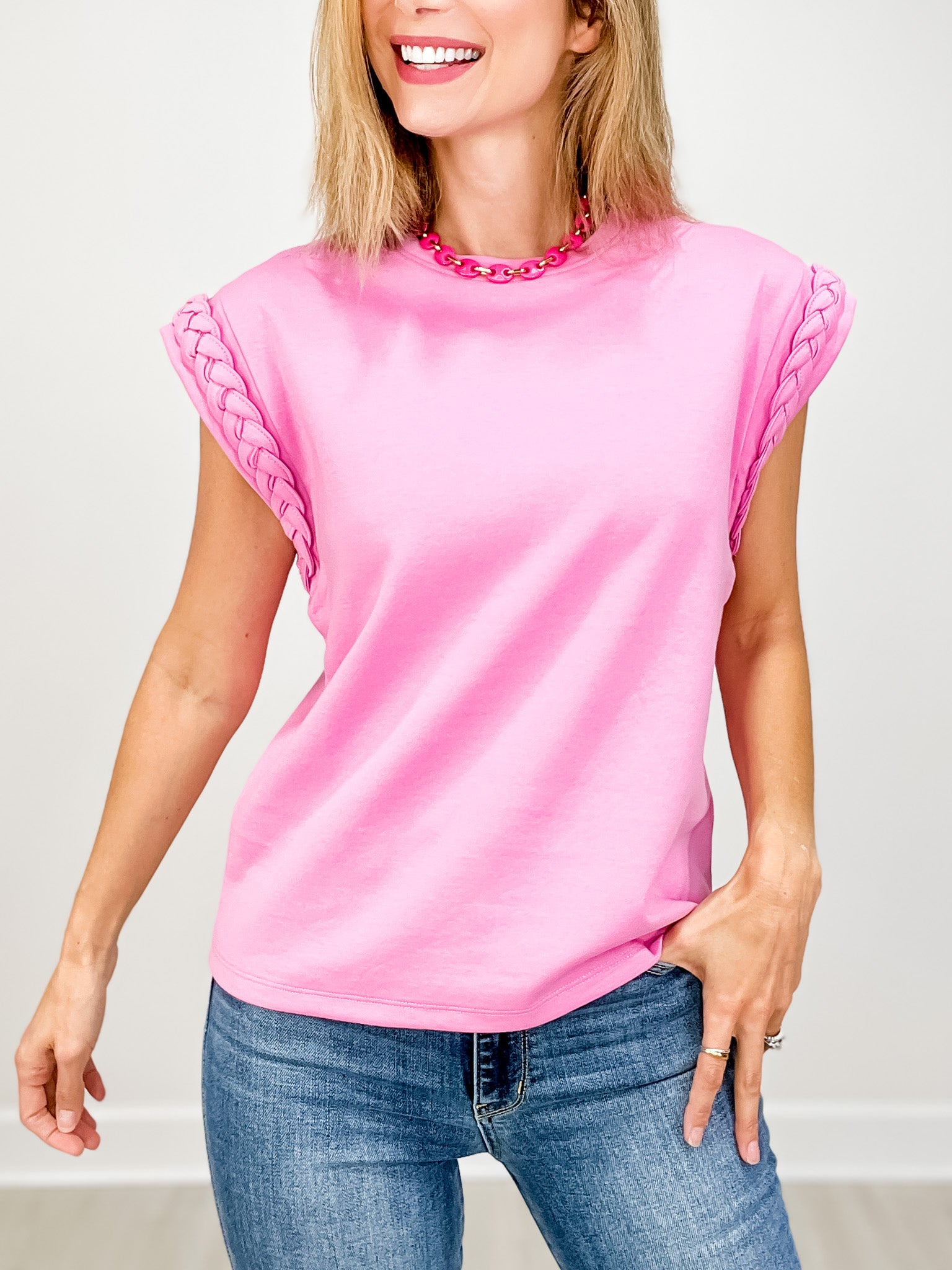 Round Neck Top with Braided Detail Cap Sleeves
