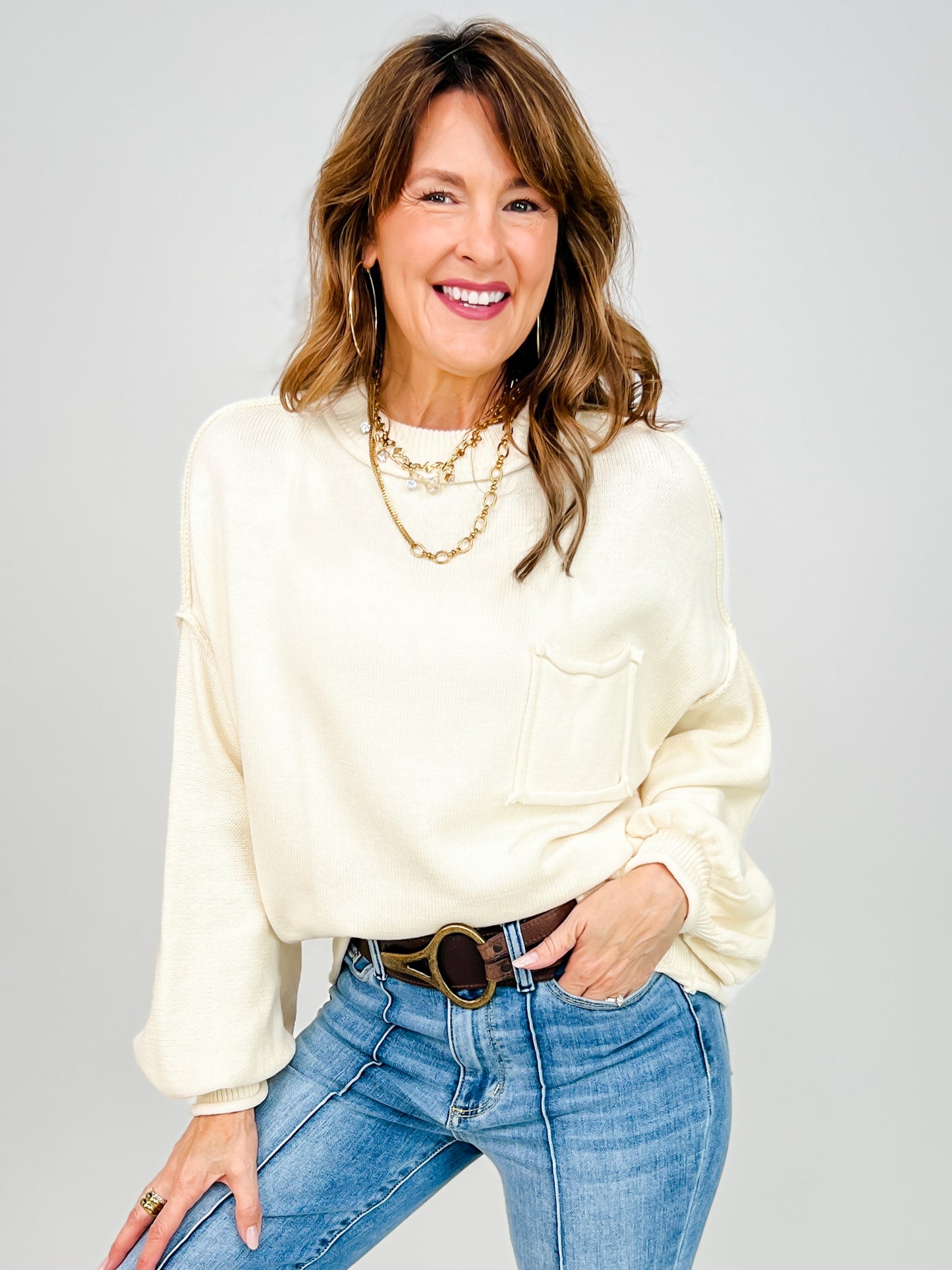 Balloon Sleeve Hacci Pullover Sweater