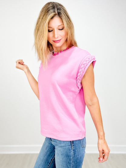Round Neck Top with Braided Detail Cap Sleeves