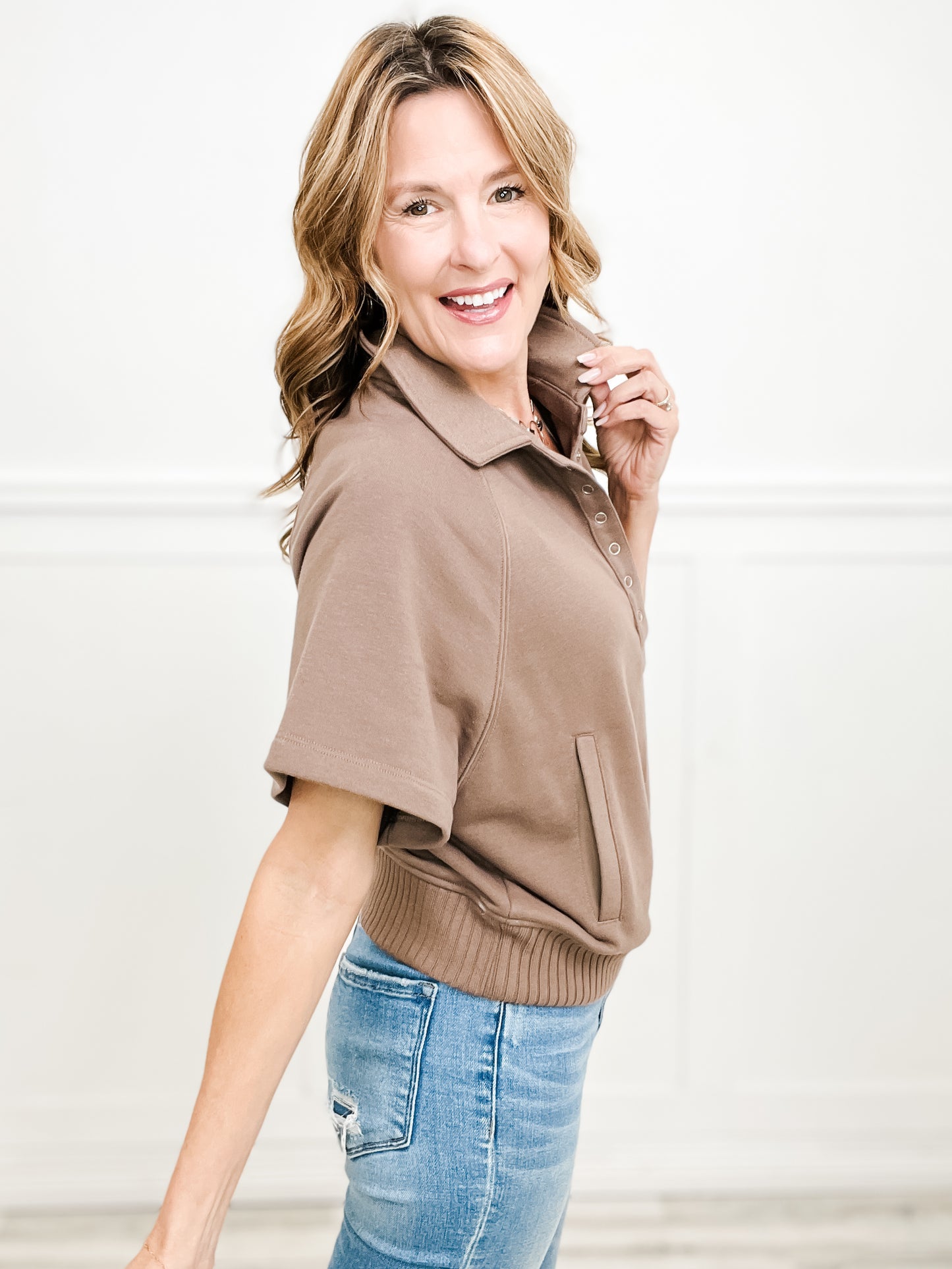 Give Me All Your Love Short Sleeve Collared Top with Snap Button Neckline-Group C