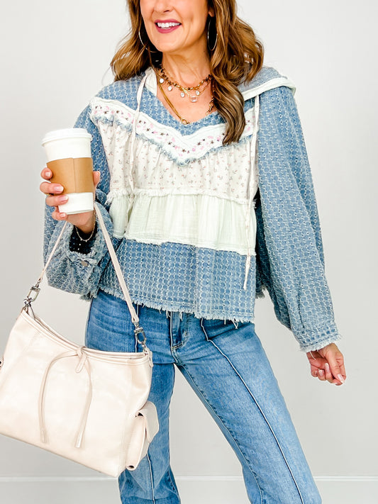 V-Neck Textured Balloon Sleeve Hooded Top