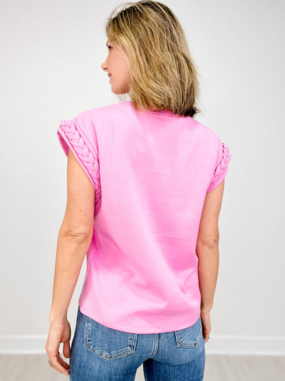 Round Neck Top with Braided Detail Cap Sleeves