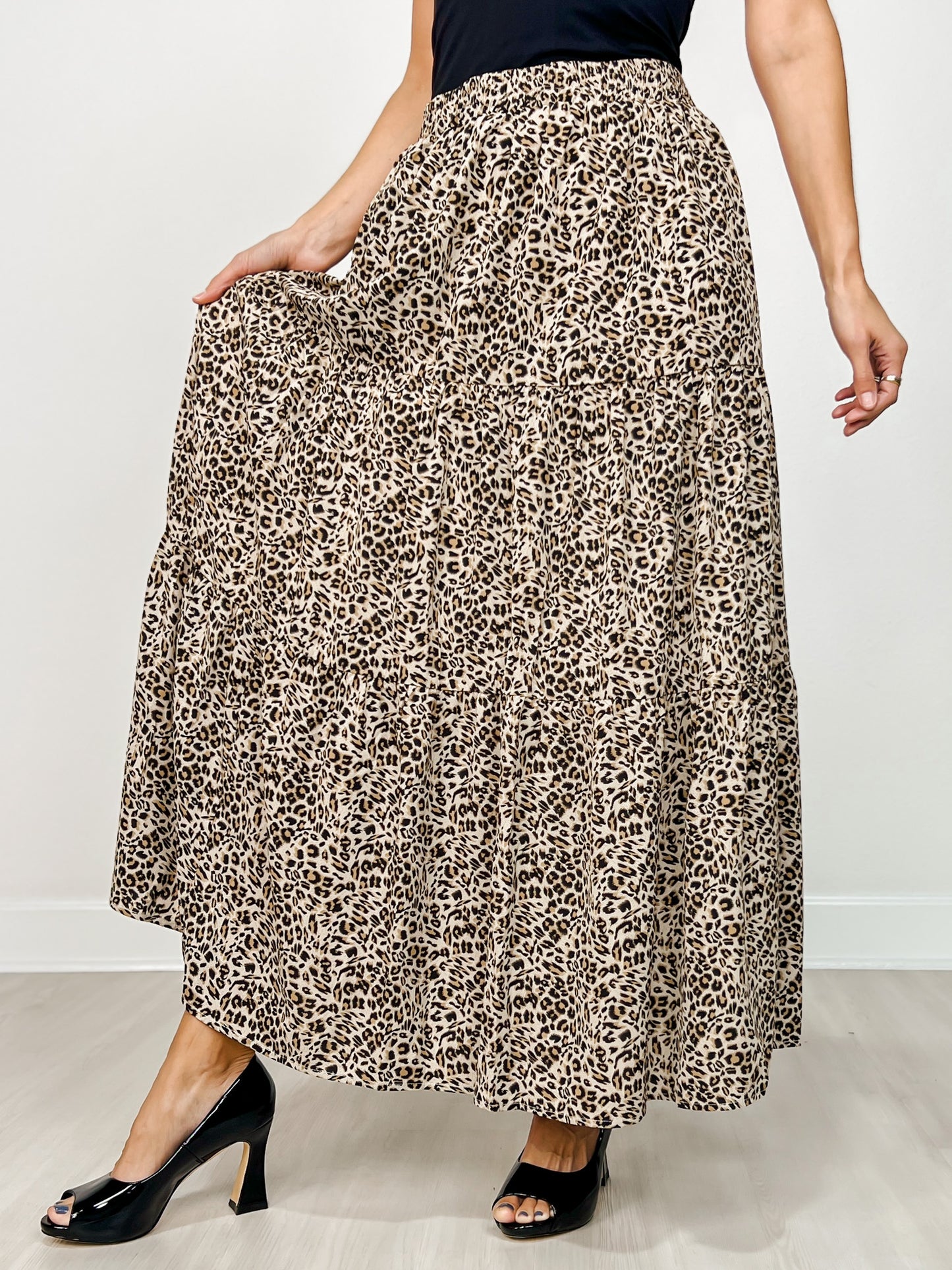 Leopard Print Lined Tiered Maxi Skirt