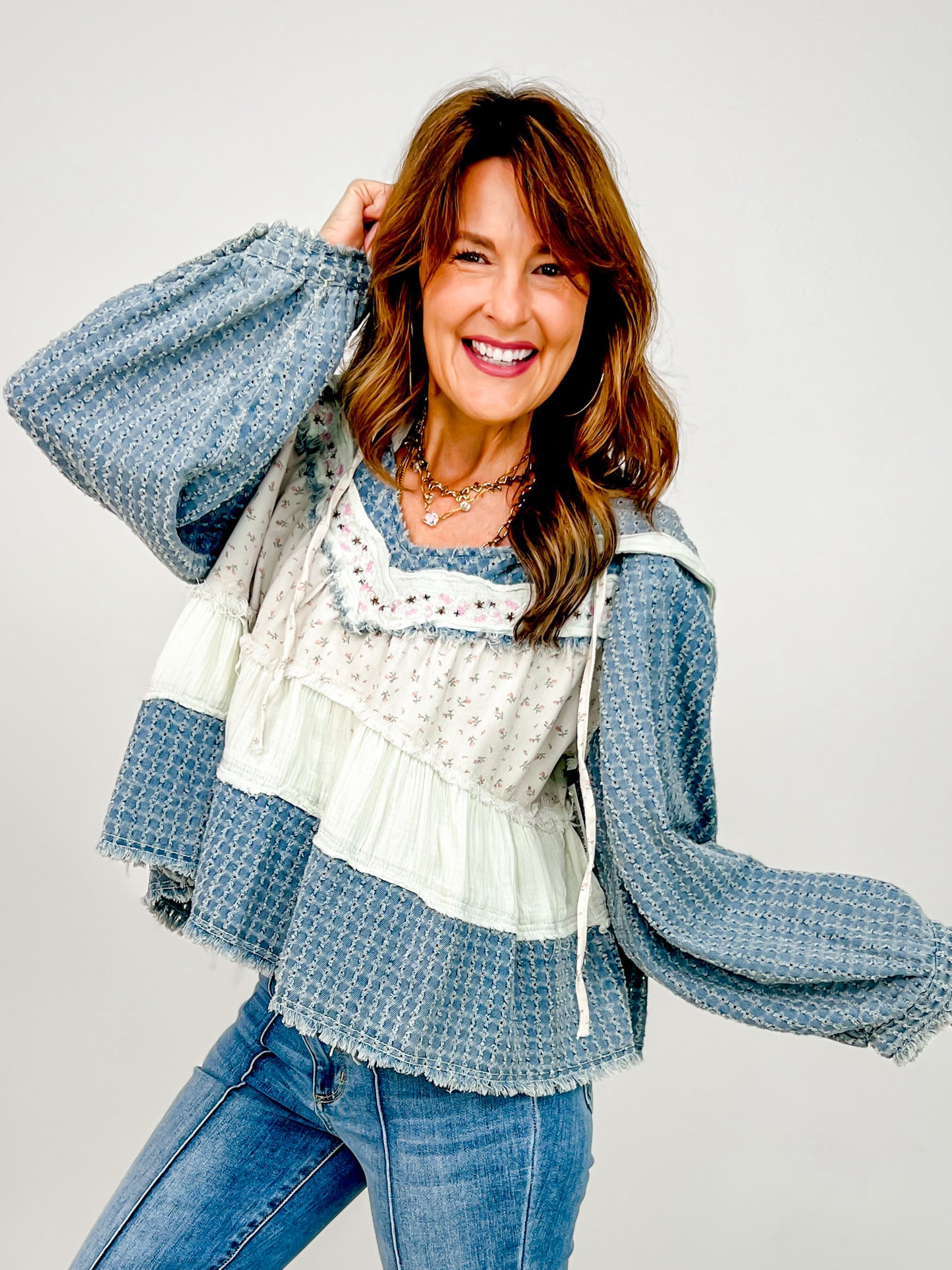 V-Neck Textured Balloon Sleeve Hooded Top