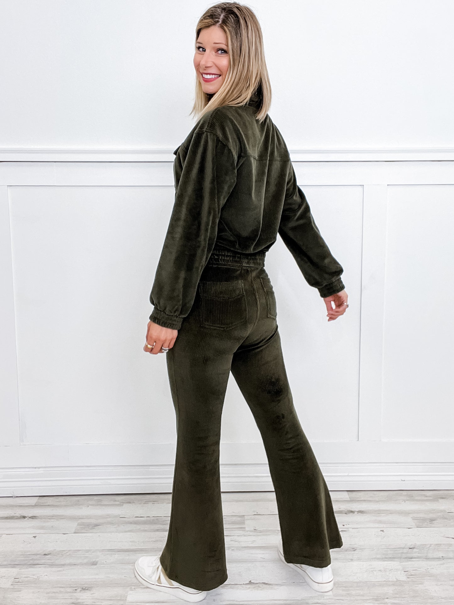 Corduroy Mock Neck Zip Up Jacket with Matching Pants in Olive