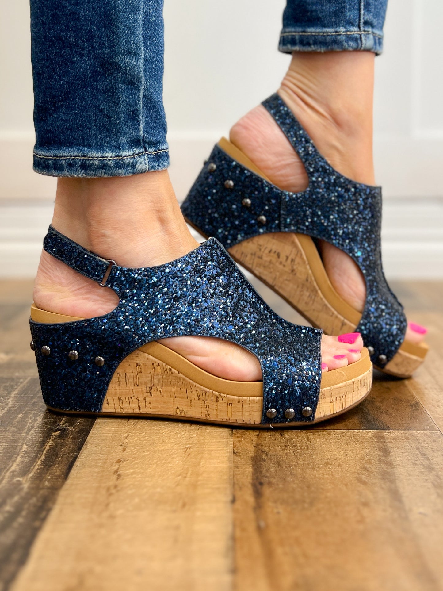 Corkys Carley Wedge Shoe Navy Glitter