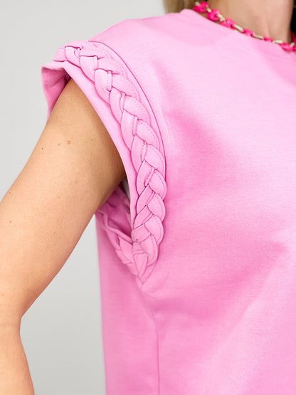 Round Neck Top with Braided Detail Cap Sleeves